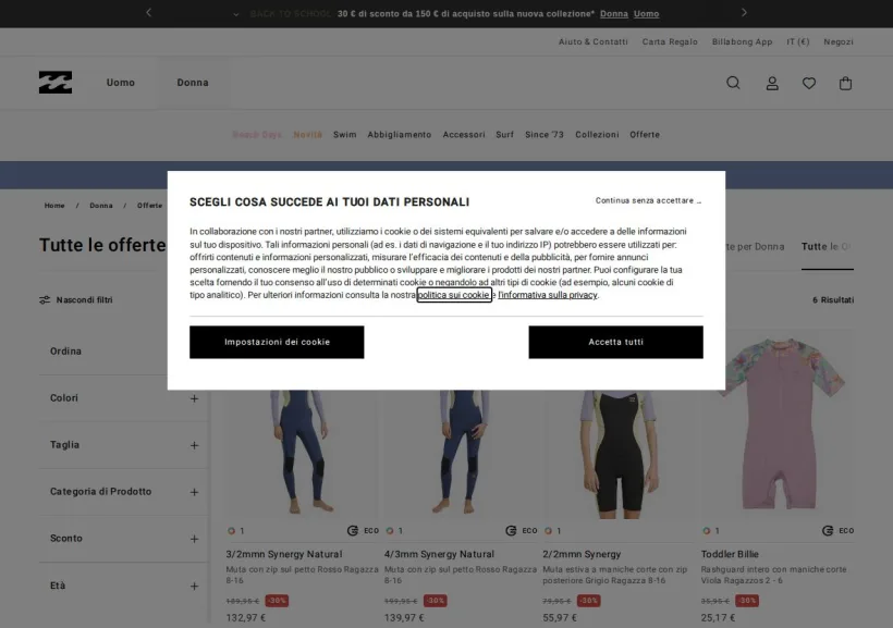 Schermata della pagina offerta di Billabong