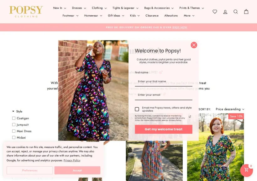 Schermata della pagina offerta di POPSY CLOTHING