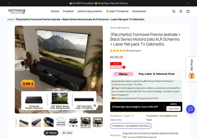 Schermata della pagina offerta di Nothingprojector