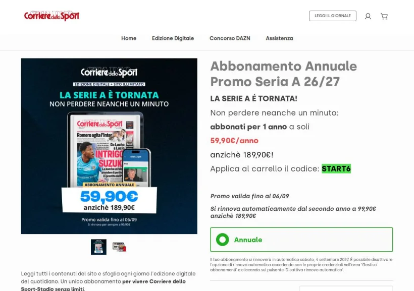 Schermata della pagina offerta di Corriere dello Sport