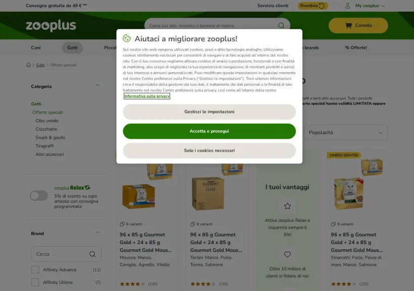 Schermata della pagina offerta di Zooplus