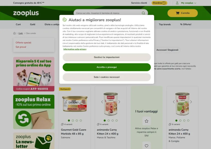 Schermata della pagina offerta di Zooplus