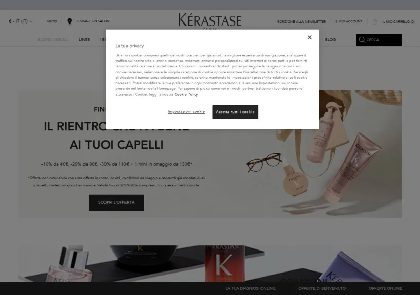 Schermata della pagina offerta di Kérastase