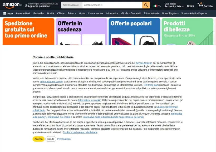 Schermata della pagina offerta di Amazon