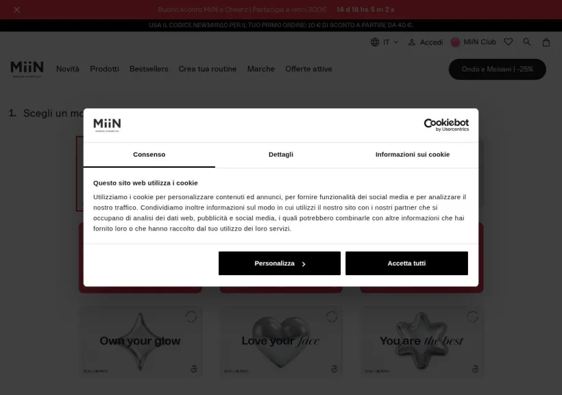 Schermata della pagina offerta di Miin Cosmetics