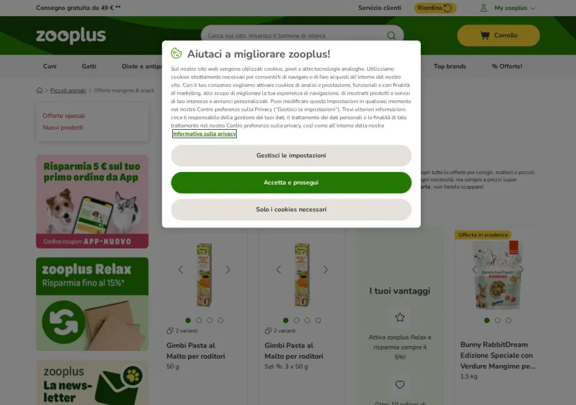 Schermata della pagina offerta di Zooplus
