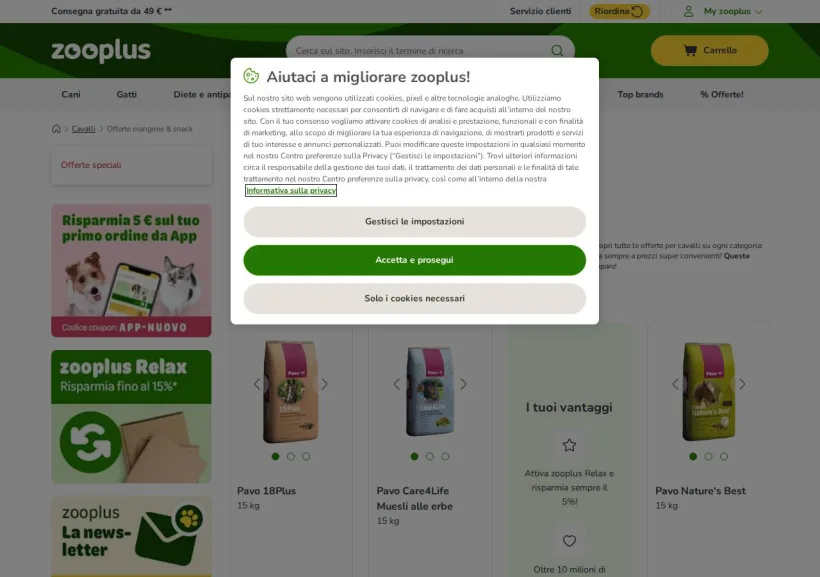 Schermata della pagina offerta di Zooplus