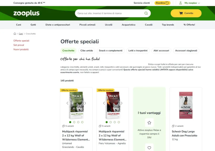 Schermata della pagina offerta di Zooplus