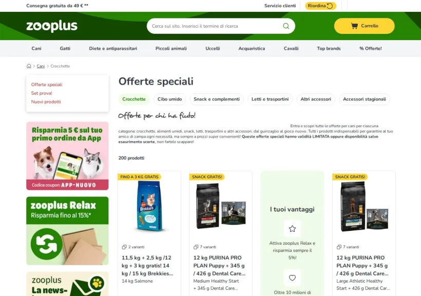 Schermata della pagina offerta di Zooplus