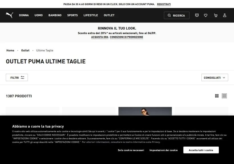 Schermata della pagina offerta di PUMA