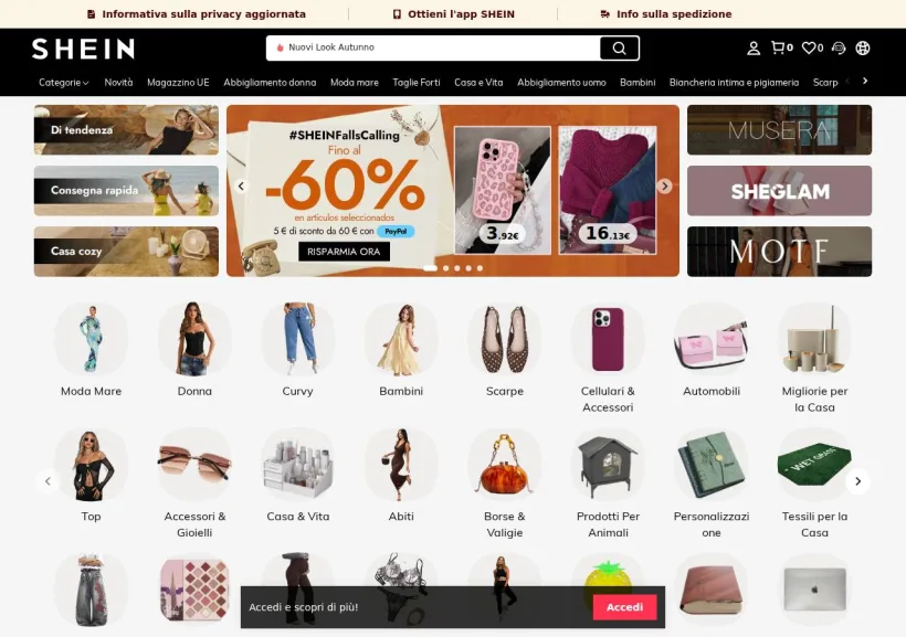 Schermata della pagina offerta di Shein