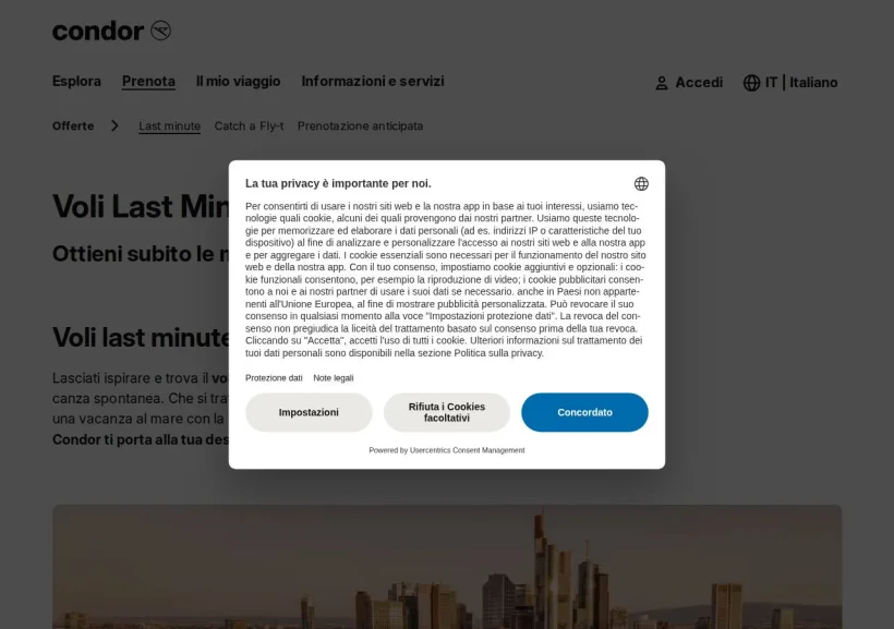 Schermata della pagina offerta di Condor