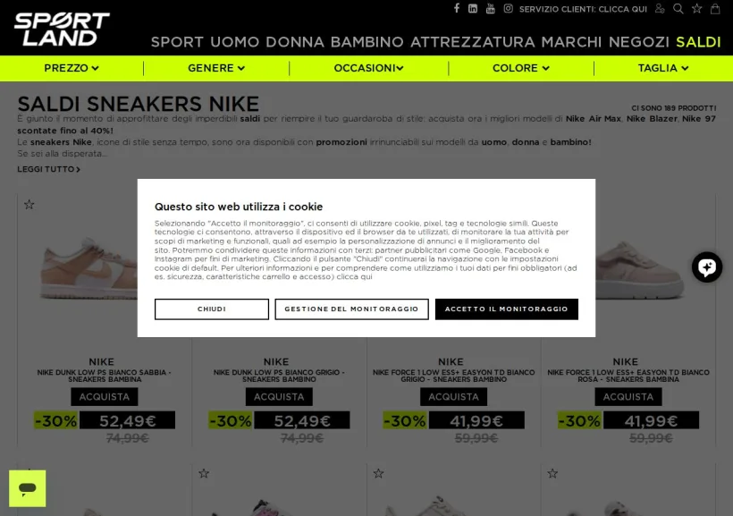 Schermata della pagina offerta di Sportland