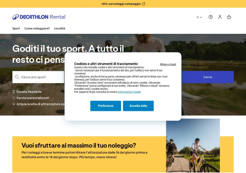 Schermata della pagina offerta di Decathlon Rent