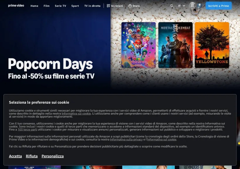 Schermata della pagina offerta di Prime Video