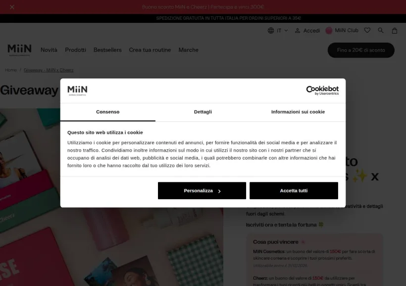 Schermata della pagina offerta di Miin Cosmetics