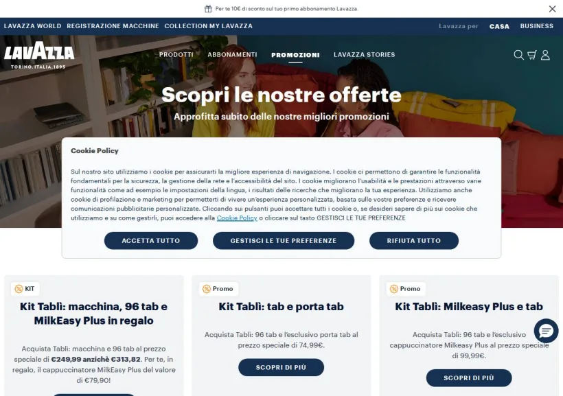 Schermata della pagina offerta di Lavazza