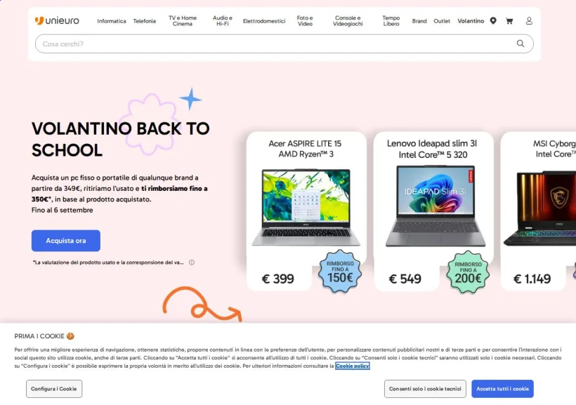 Schermata della pagina offerta di Unieuro