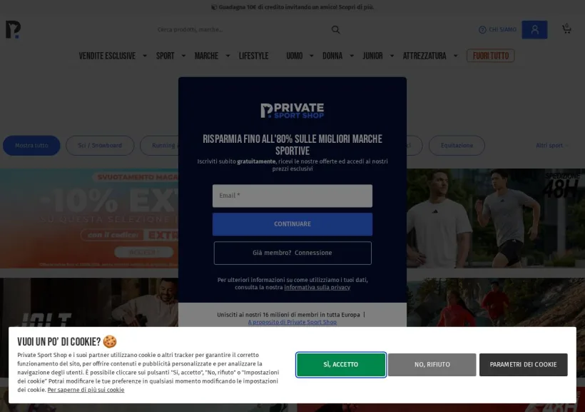 Schermata della pagina offerta di Private Sport Shop
