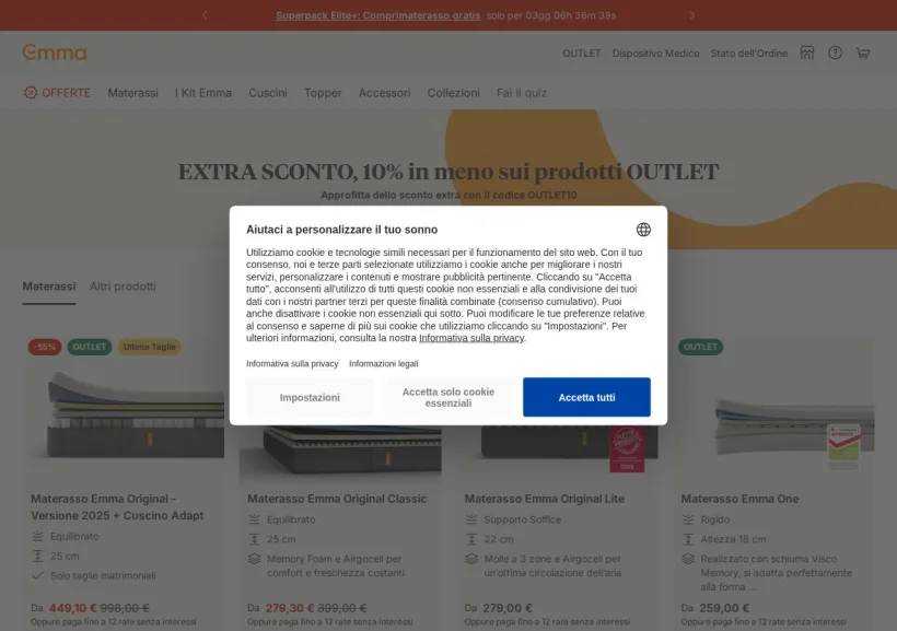 Schermata della pagina offerta di Emma Mattress
