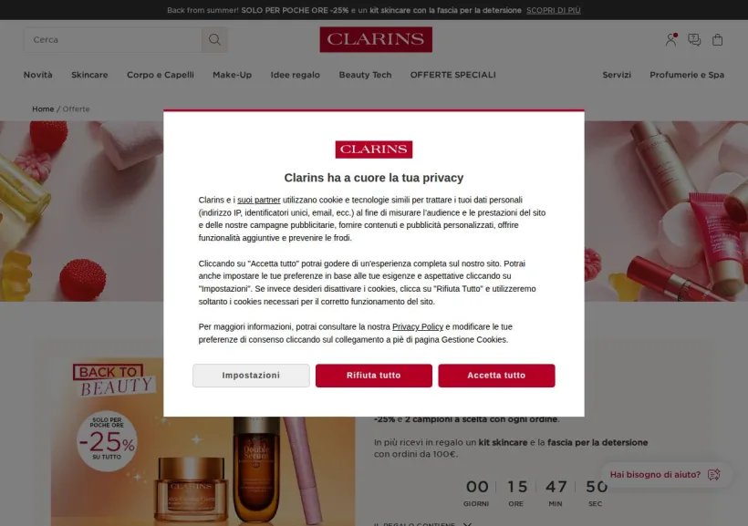 Schermata della pagina offerta di Clarins