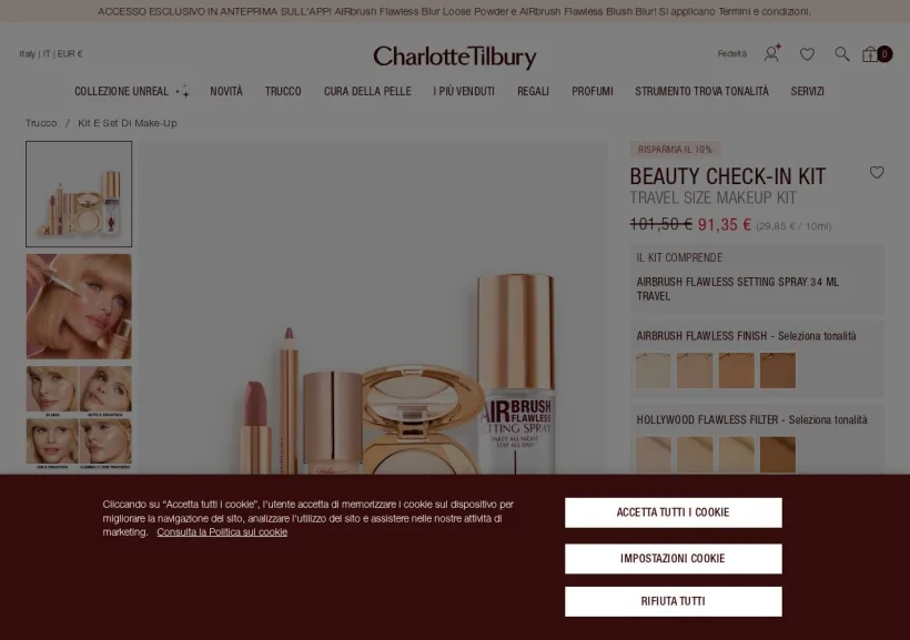 Schermata della pagina offerta di Charlotte Tilbury