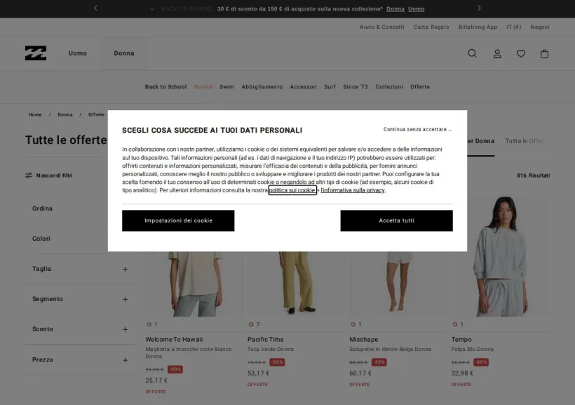 Schermata della pagina offerta di Billabong