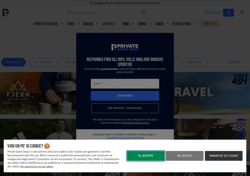 Schermata della pagina offerta di Private Sport Shop