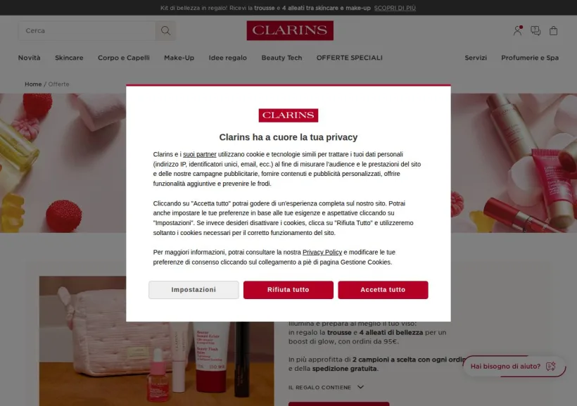 Schermata della pagina offerta di Clarins