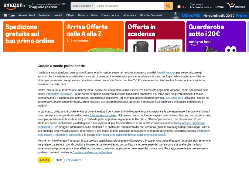 Schermata della pagina offerta di Amazon