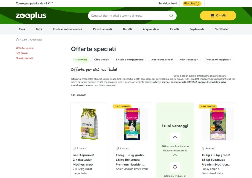 Schermata della pagina offerta di Zooplus
