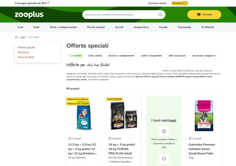 Schermata della pagina offerta di Zooplus