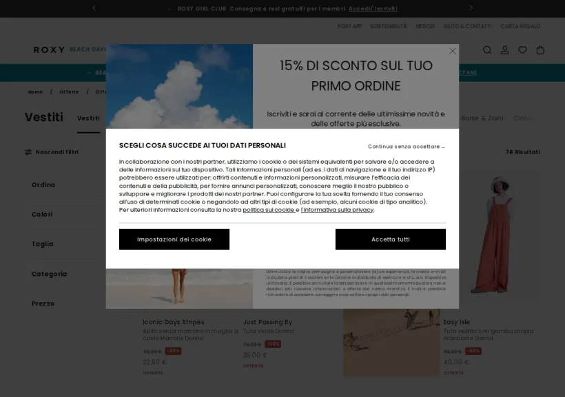 Schermata della pagina offerta di Roxy