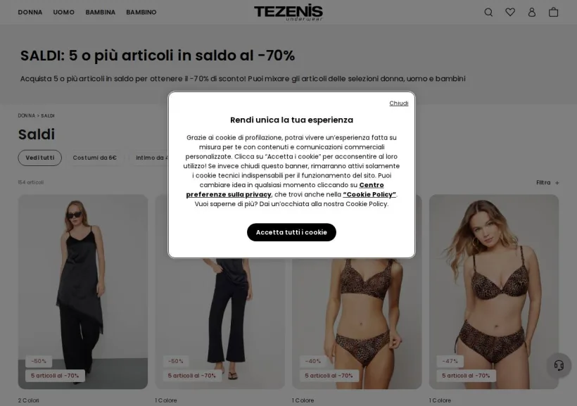 Schermata della pagina offerta di Tezenis