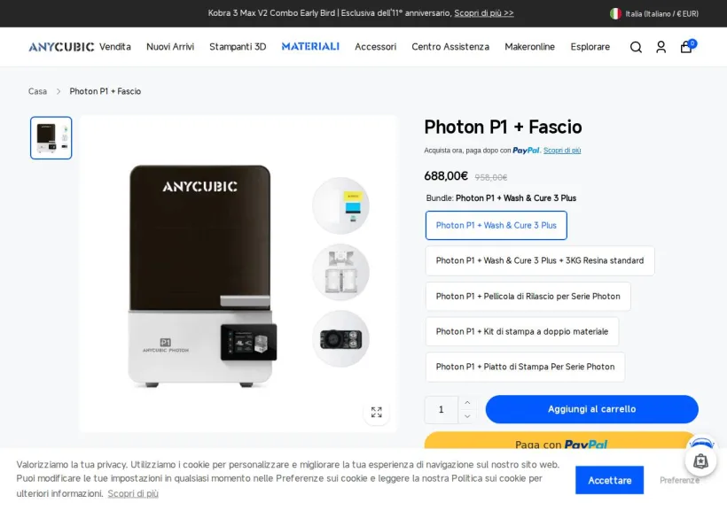 Schermata della pagina offerta di Anycubic