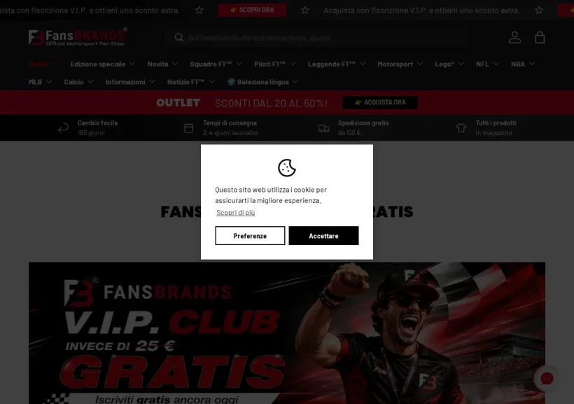 Schermata della pagina offerta di FansBRANDS