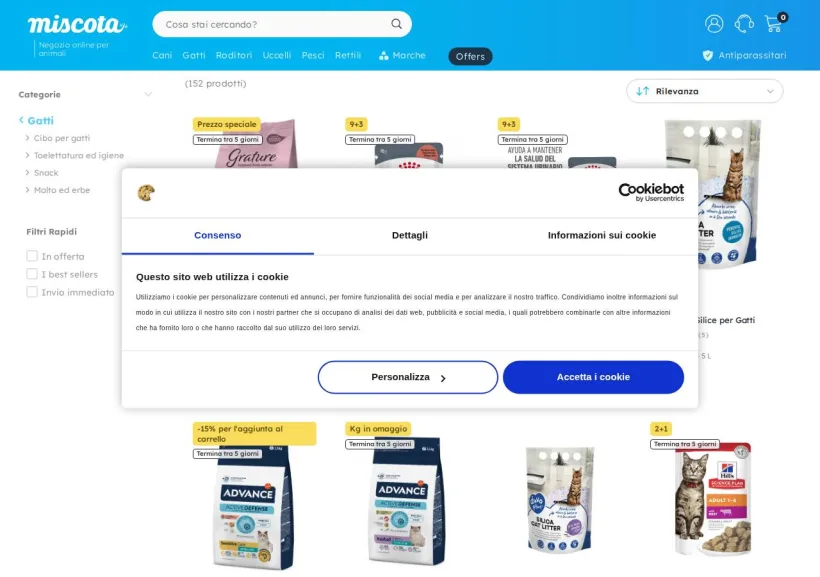 Schermata della pagina offerta di Miscota