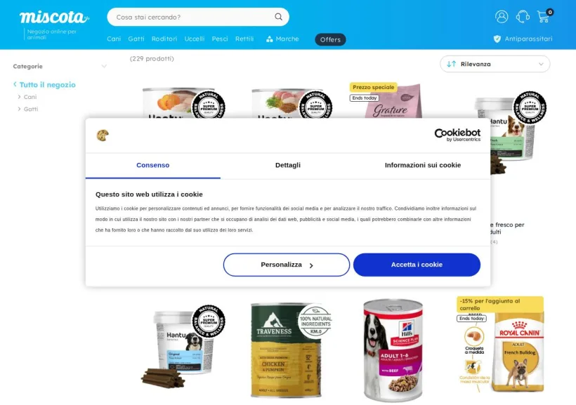 Schermata della pagina offerta di Miscota