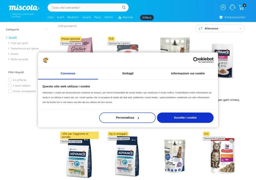 Schermata della pagina offerta di Miscota