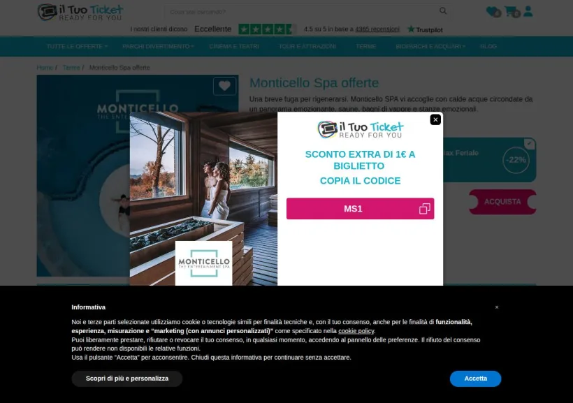 Schermata della pagina offerta di Iltuoticket