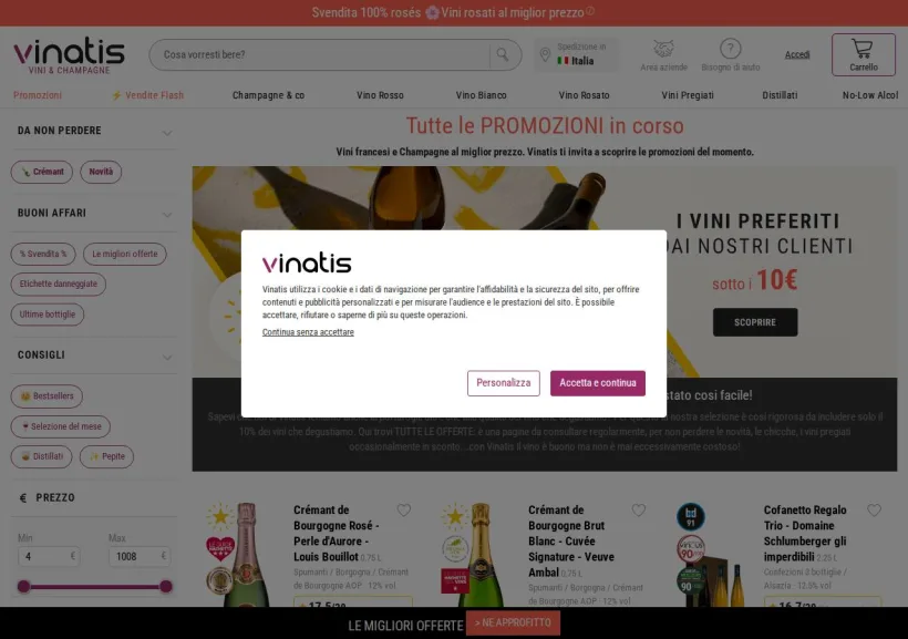 Schermata della pagina offerta di Vinatis