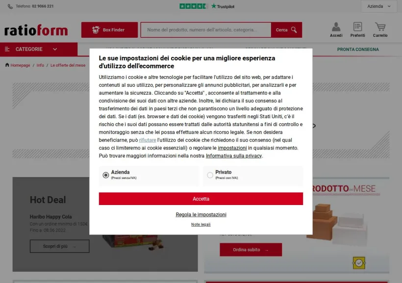 Schermata della pagina offerta di Ratioform