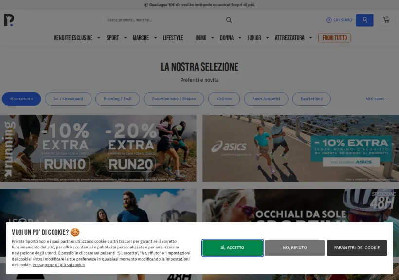 Schermata della pagina offerta di Private Sport Shop