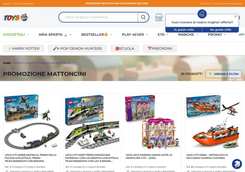 Schermata della pagina offerta di Toys Center