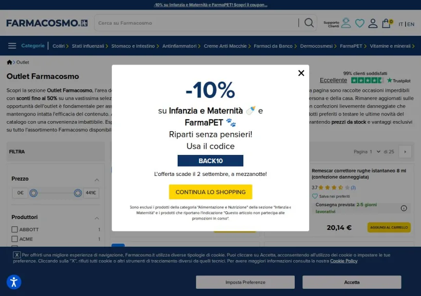 Schermata della pagina offerta di Farmacosmo