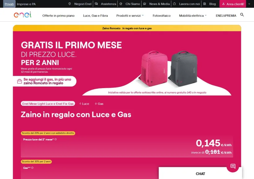 Schermata della pagina offerta di Enel