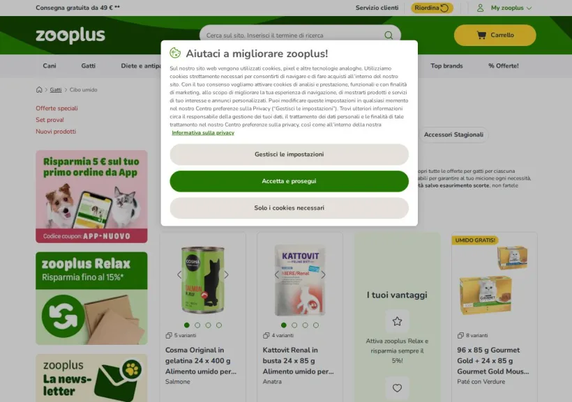Schermata della pagina offerta di Zooplus