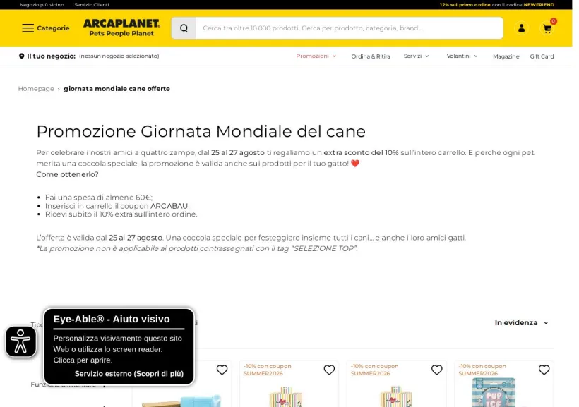 Schermata della pagina offerta di Arcaplanet