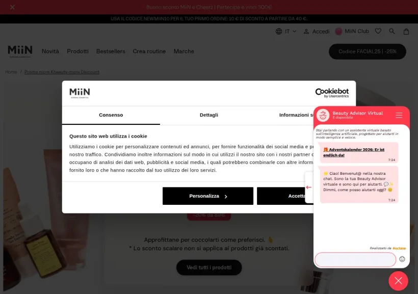 Schermata della pagina offerta di Miin Cosmetics