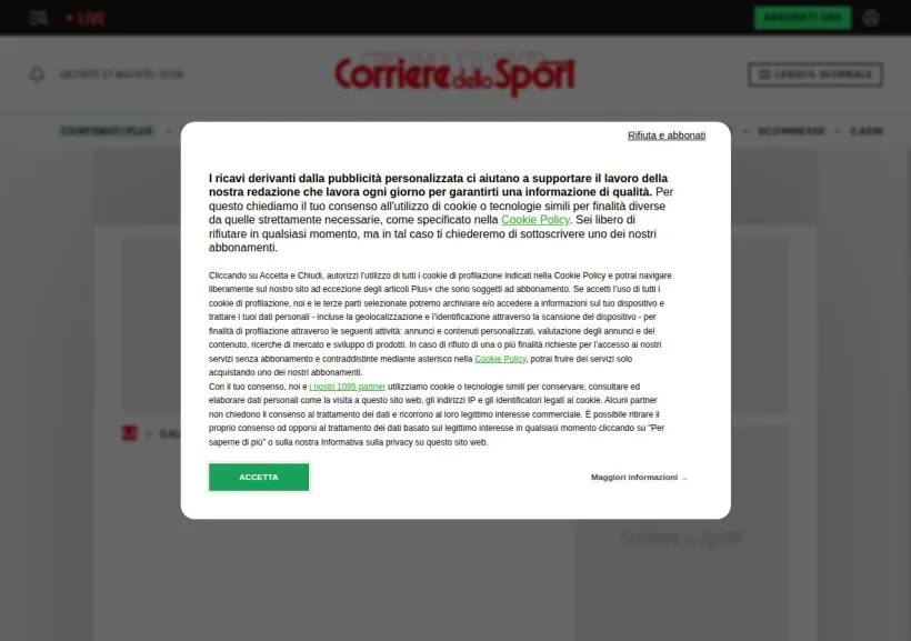 Schermata della pagina offerta di Corriere dello Sport